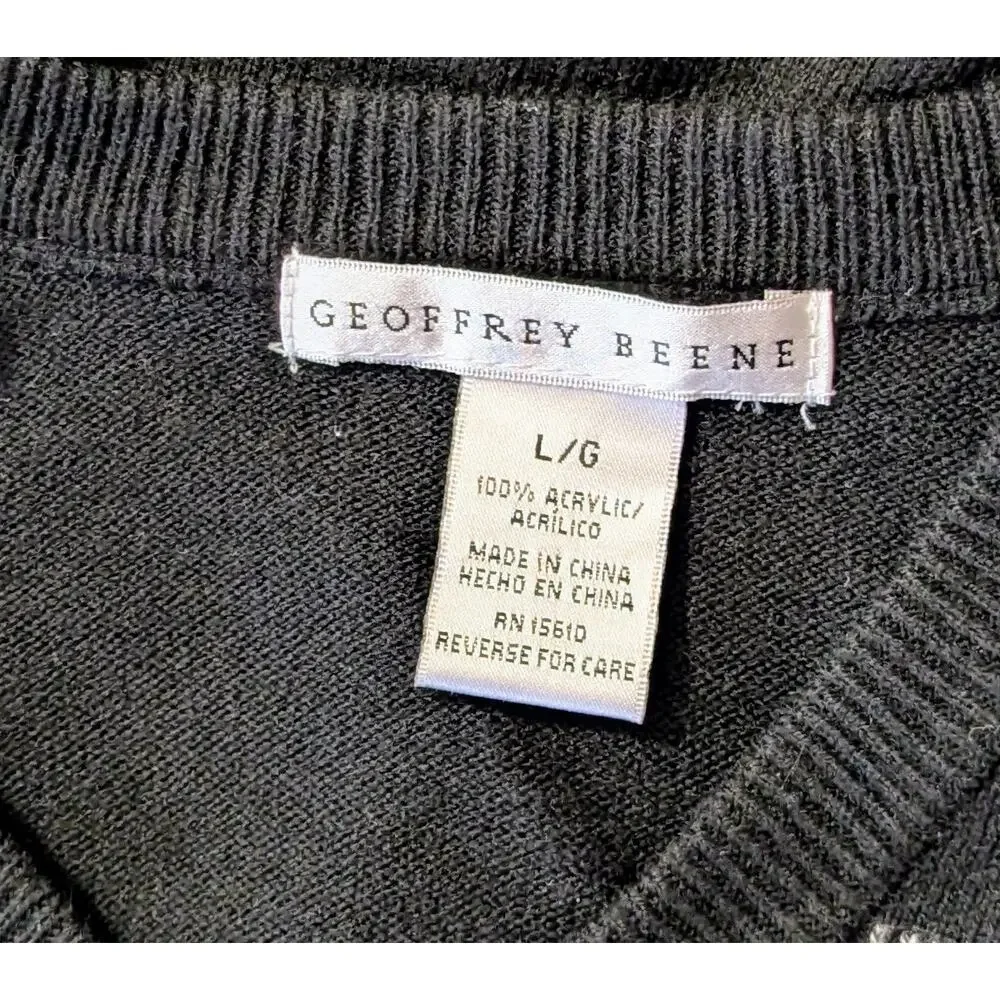 Geoffrey Beene Mens Sweater Vest Large Black Tan Check V-Neck Retro Preppy Knit